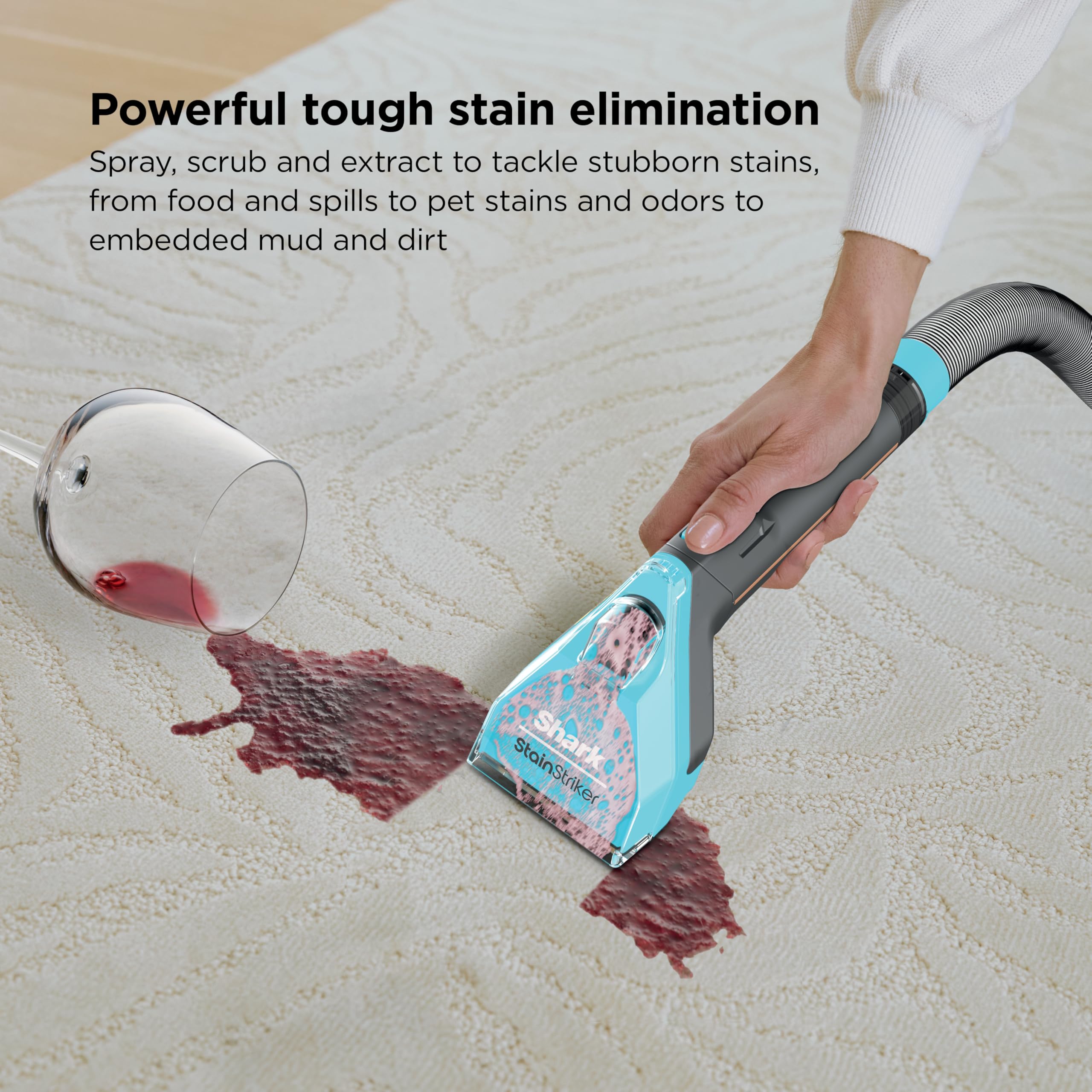 Shark StainStriker HairPro flujo de succión enfatizando poder de limpieza