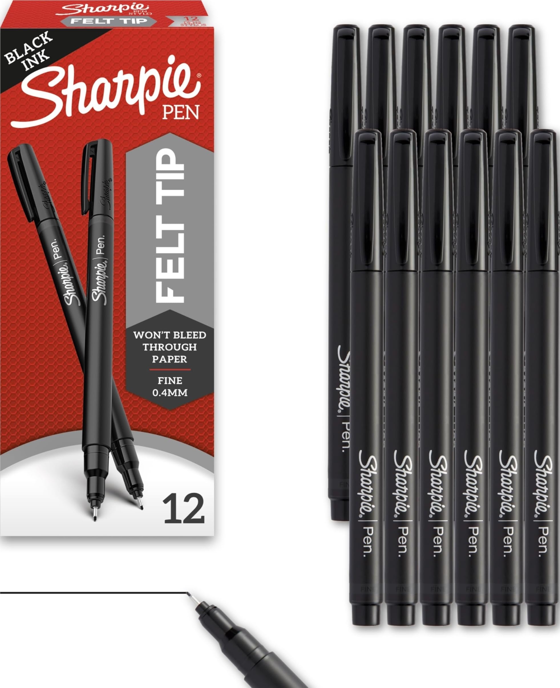 Sharpie empaque frontal mostrando 12 bolígrafos negros y organización clara