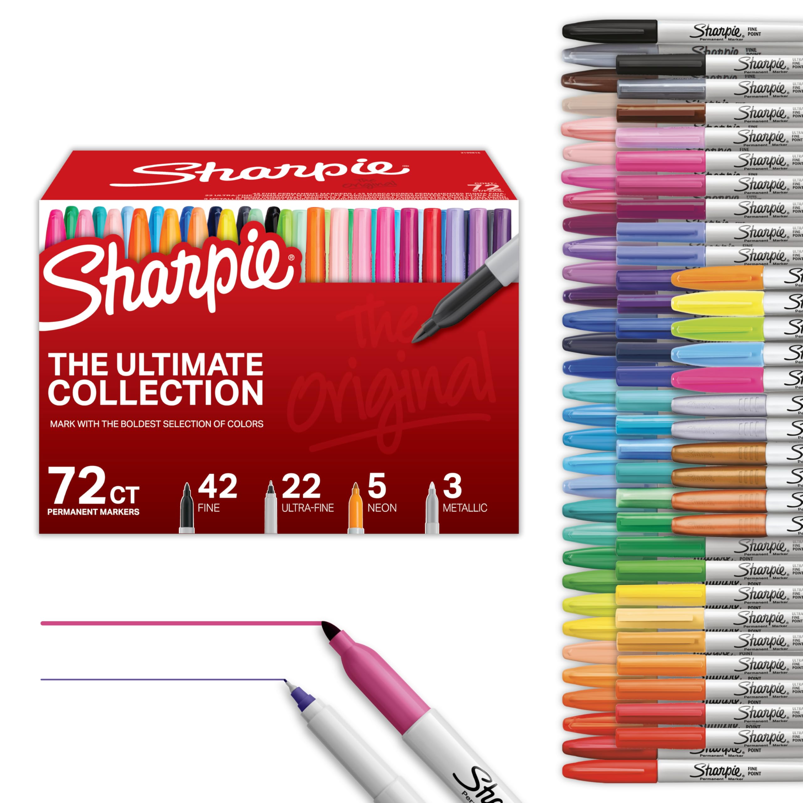 Sharpie frente del empaque mostrando 72 marcadores y organización clara