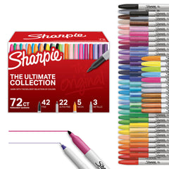 Sharpie frente del empaque mostrando 72 marcadores y organización clara