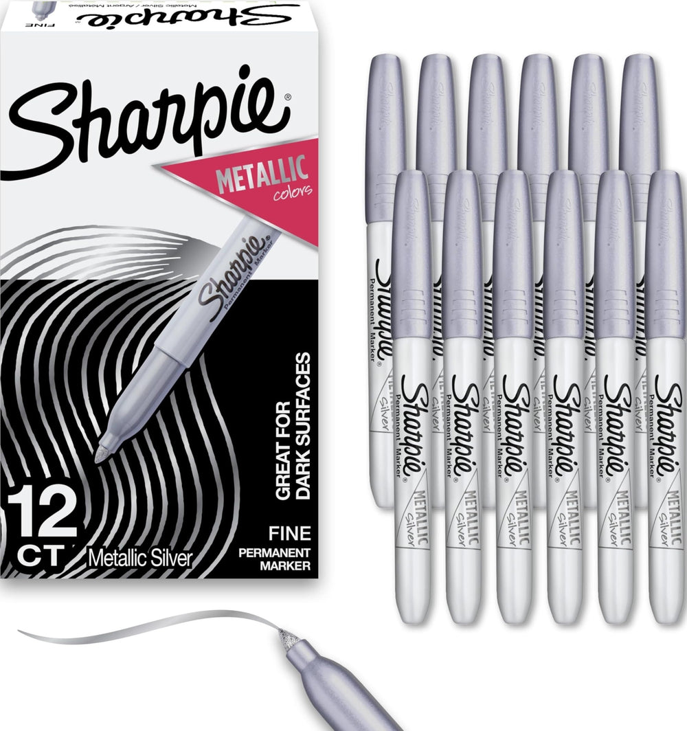 Sharpie empaque frontal plata mostrando 12 marcadores y beneficio de cantidad