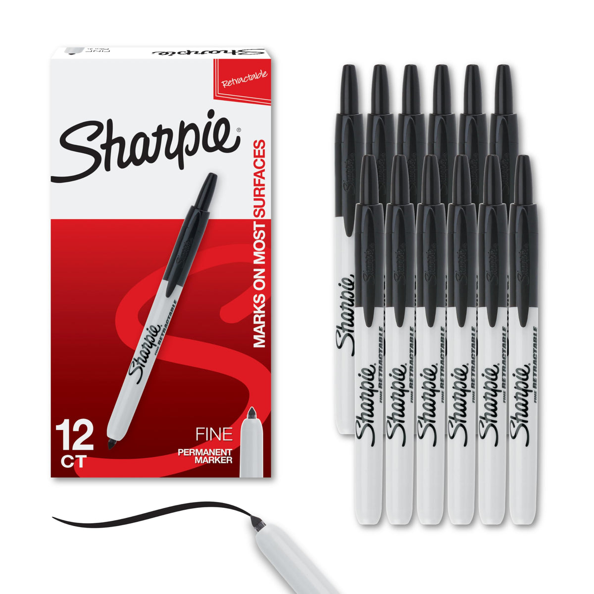 Sharpie marcadores retráctiles frontal paquete mostrando 12 unidades y conveniencia