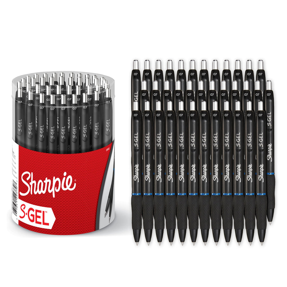 Sharpie S-Gel frente del pack mostrando 36 bolígrafos azul y presentación clara