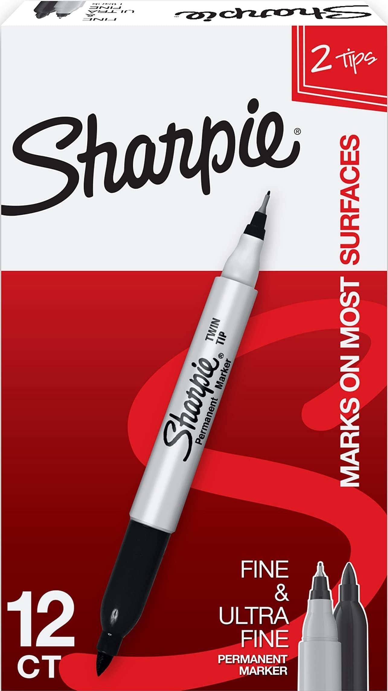 Sharpie frontal del paquete mostrando 12 marcadores negros y beneficios prácticos