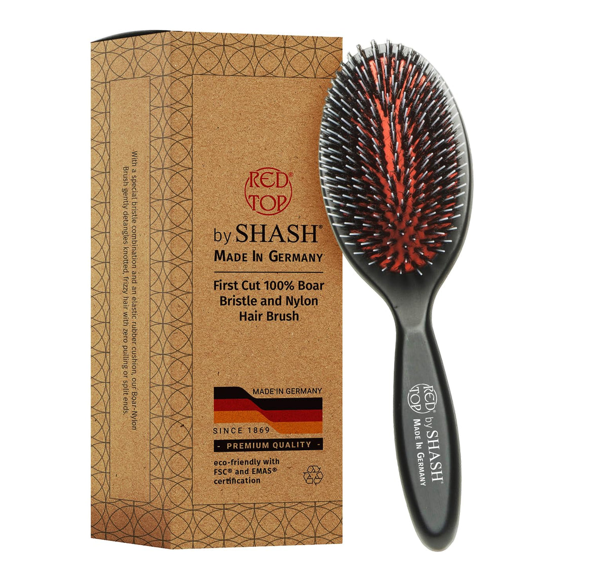 SHASH cepillo frontal y empaque mostrando calidad artesanal