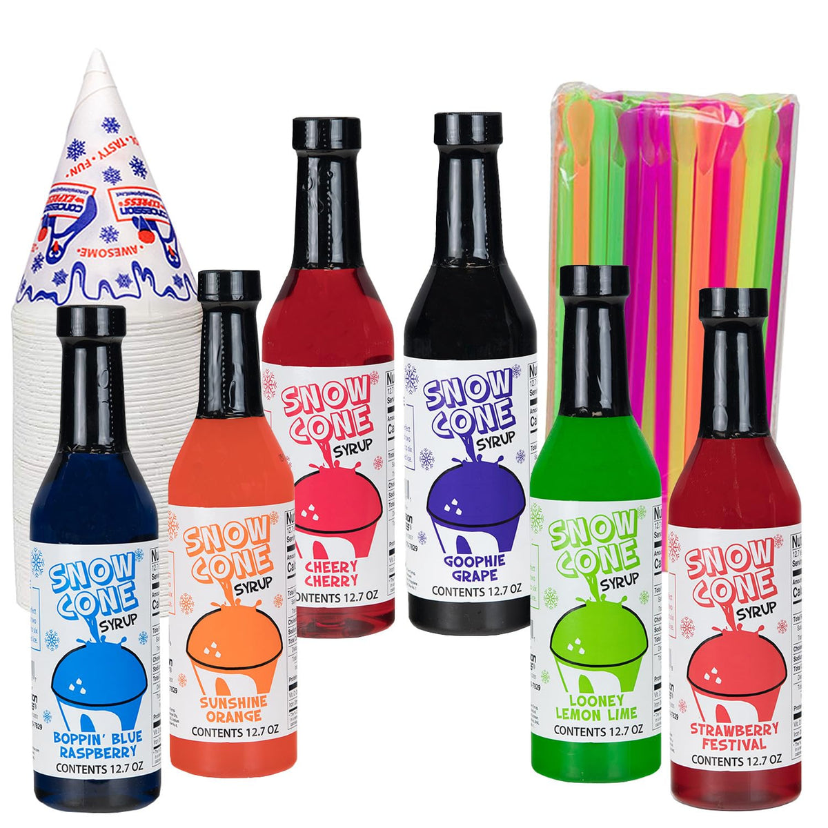 shave-ice-syrups paquete completo seis sabores y accesorios para eventos