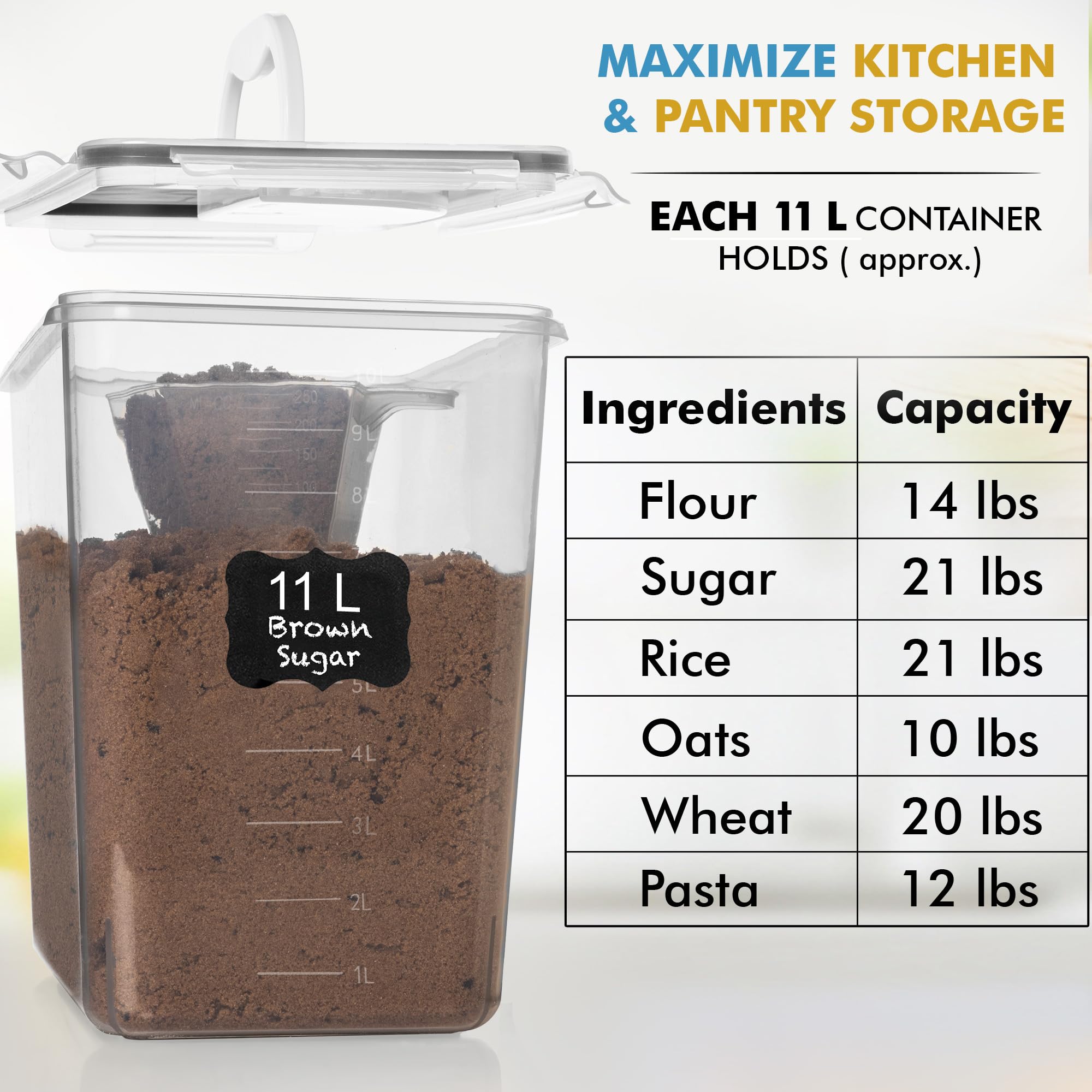 Shazo contenedor lleno de harina mostrando capacidad para ingredientes a granel