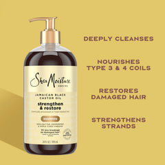 Shea Moisture persona usando champú en la ducha para limpieza profunda y sensación fresca