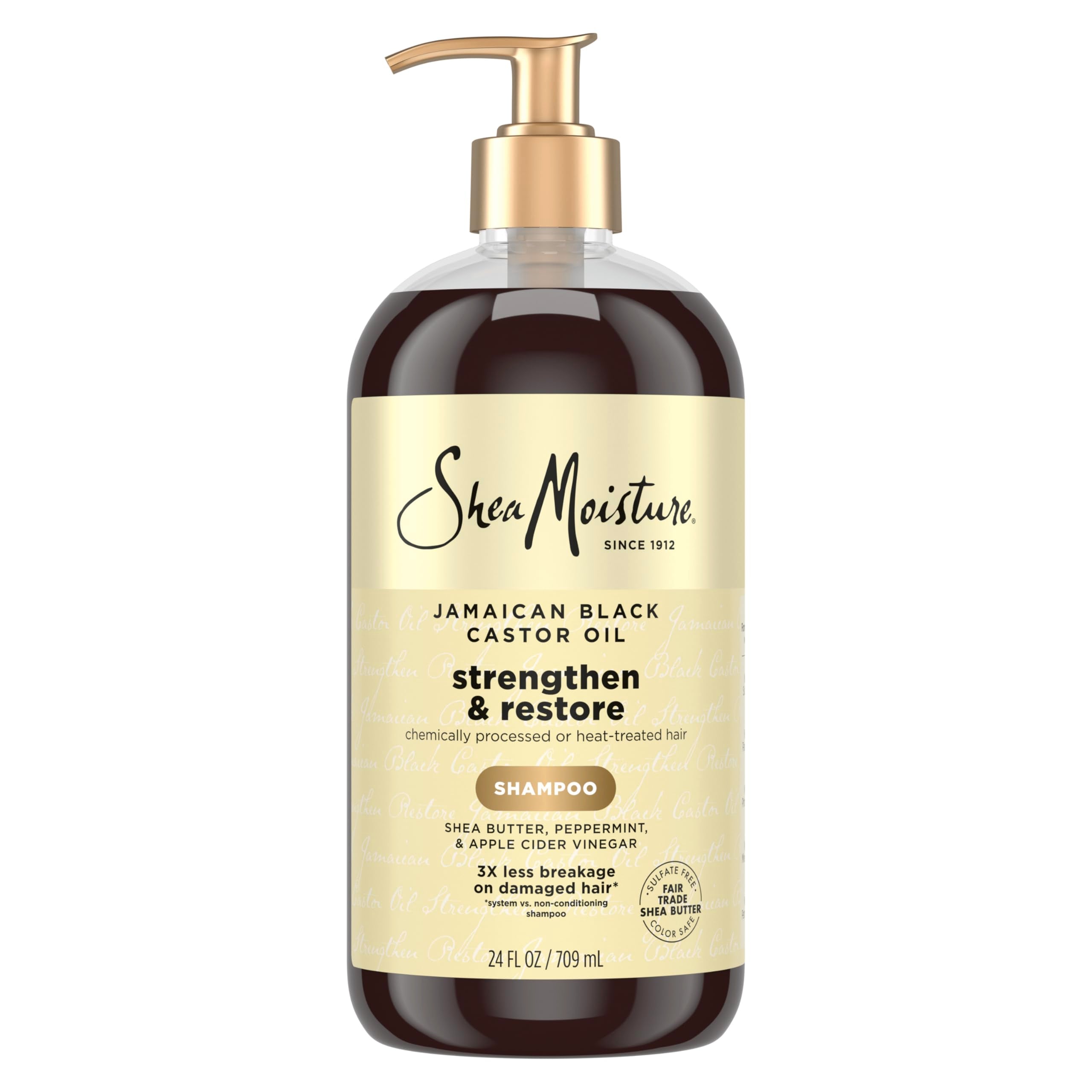 Shea Moisture frente del envase de champú 24oz mostrando diseño y beneficio limpiador