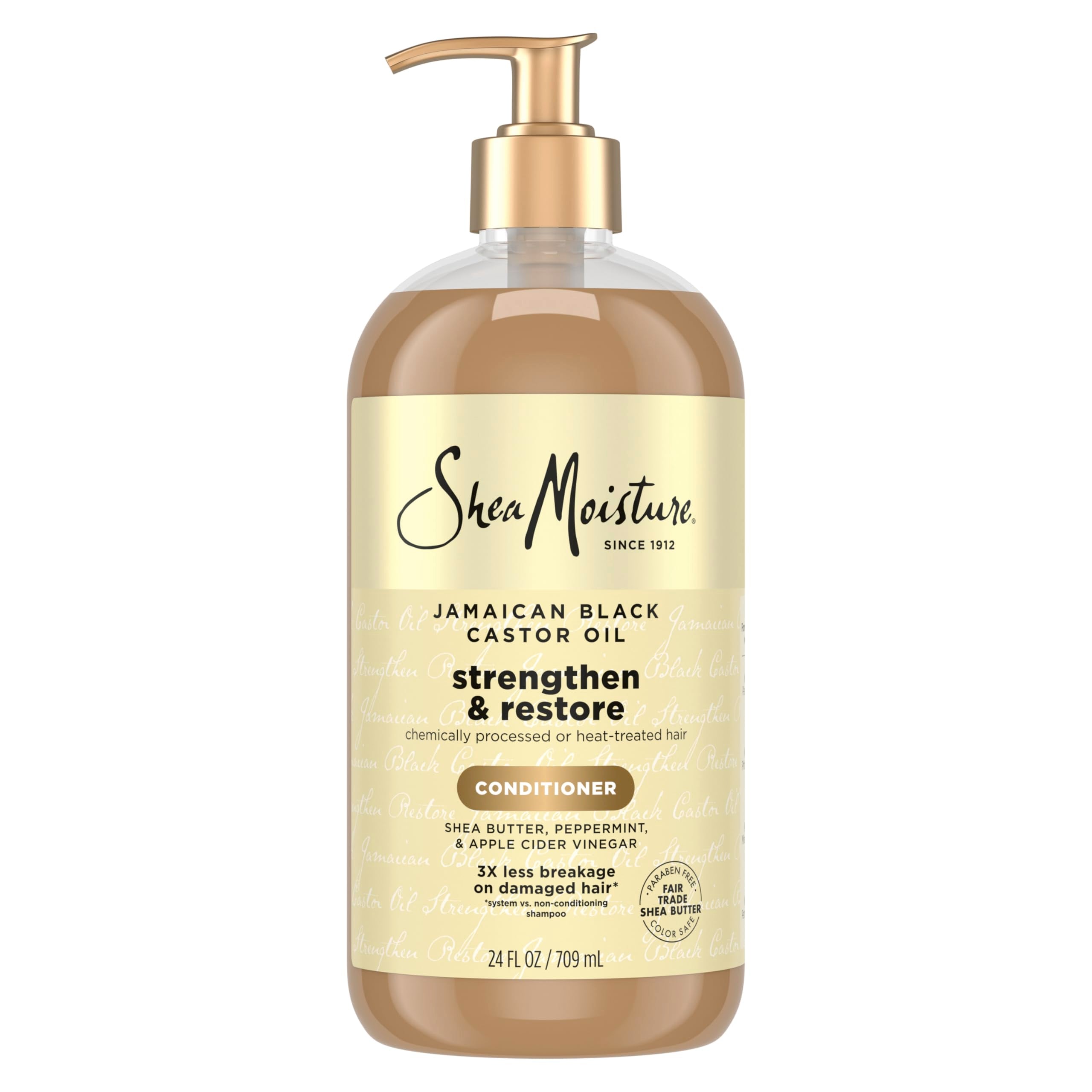 Shea Moisture bote frontal 24oz que muestra tamaño y etiquetado beneficioso