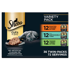 Sheba empaque frontal del pack 36 ct mostrando variedad y conveniencia