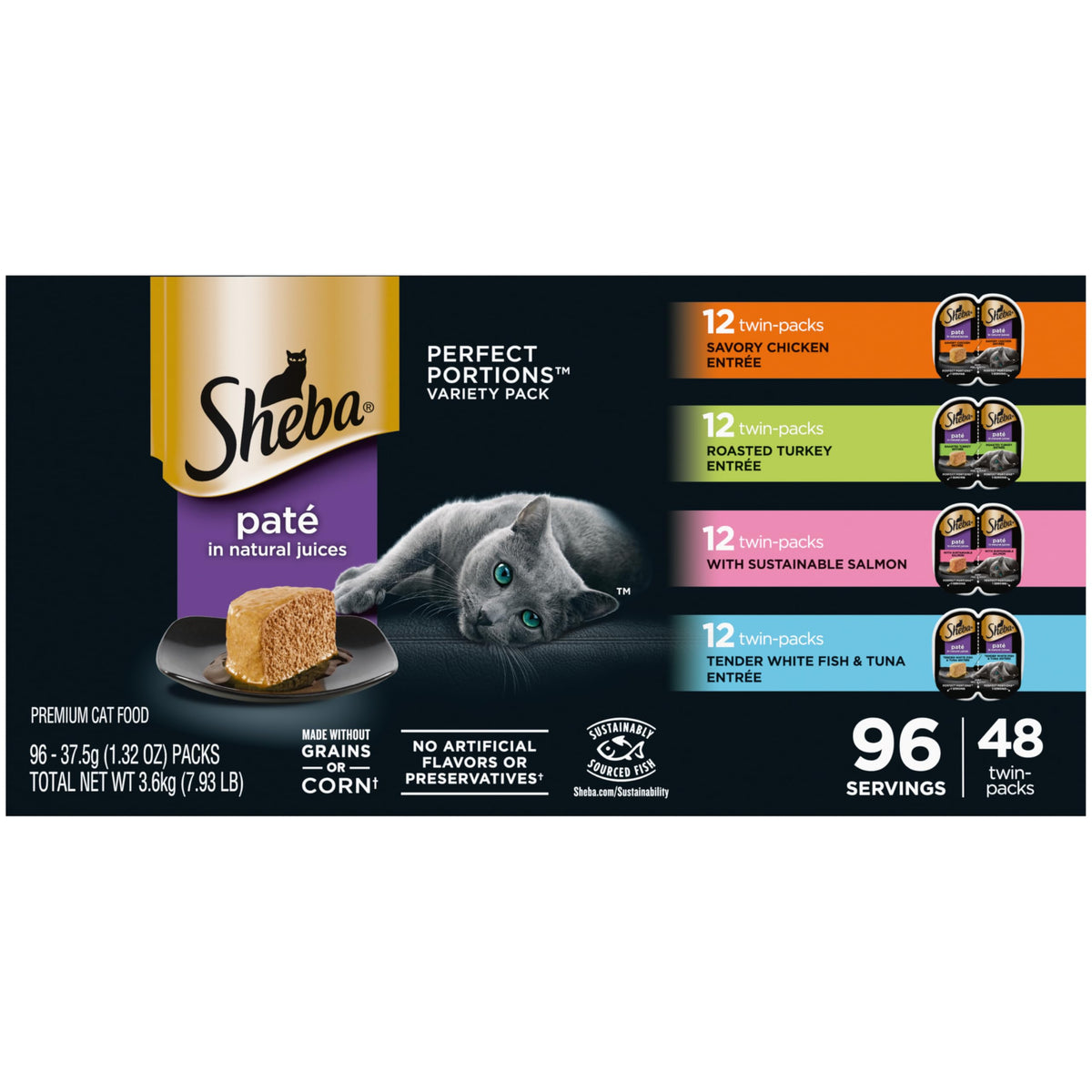 Sheba pack variedad frontal mostrando diferentes sabores y conveniencia