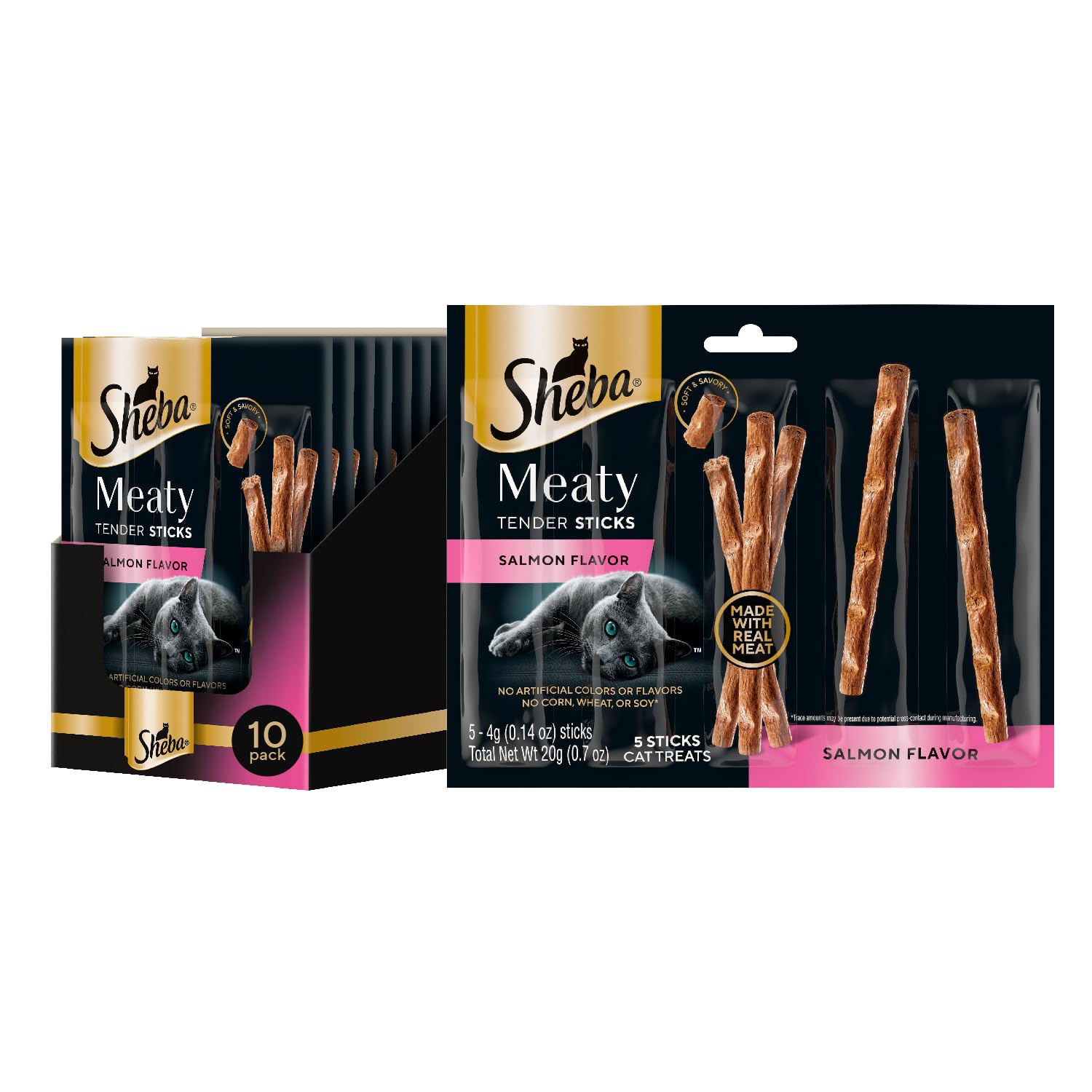 Sheba empaque frontal mostrando barras de salmón y beneficio práctico