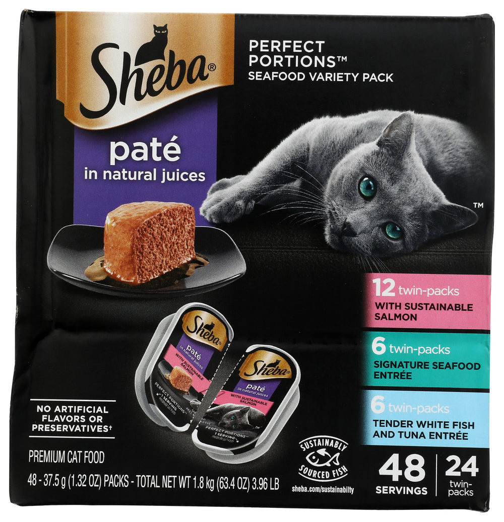 Sheba front packaging showing seafood variety and portioned trays benefit convenience