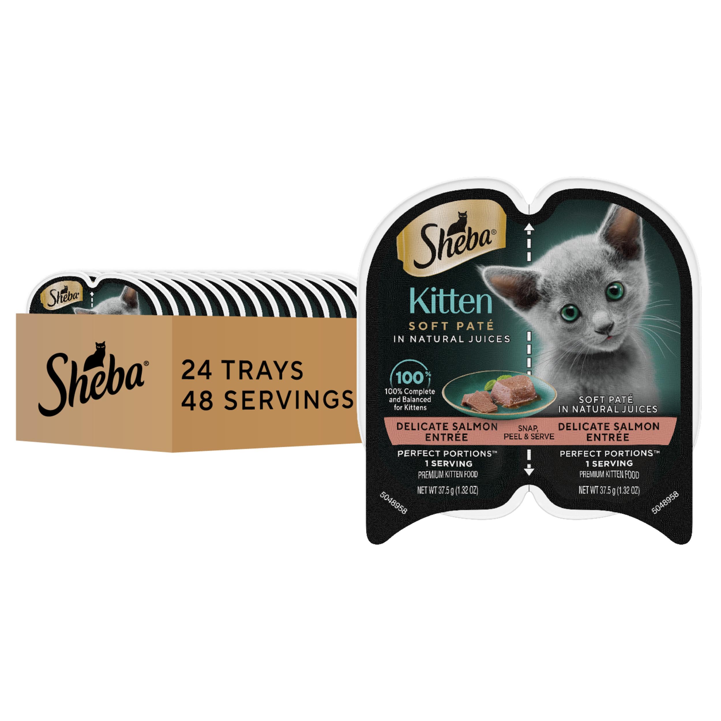 Sheba empaque frontal de Perfect Portions Kitten Salmón mostrando porciones