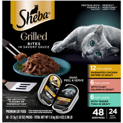 Sheba presentación frontal del paquete variedad 24 ct mostrando porciones