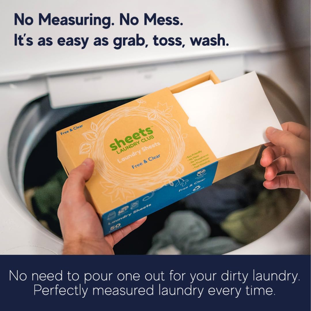 Sheets Laundry Club etiqueta con instrucciones y beneficios claros