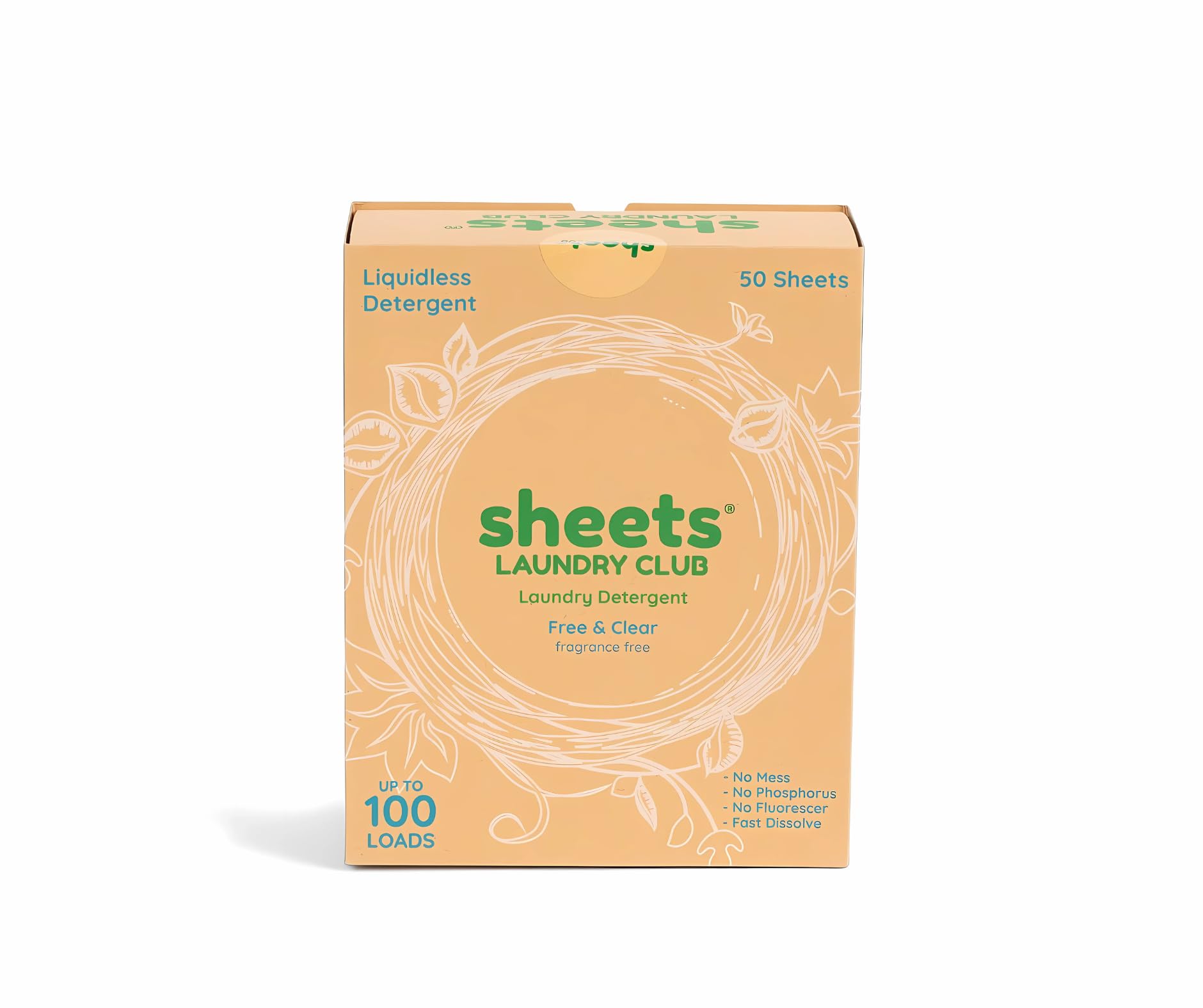 Sheets Laundry Club empaque frontal compacto muestra 50 hojas y ahorro