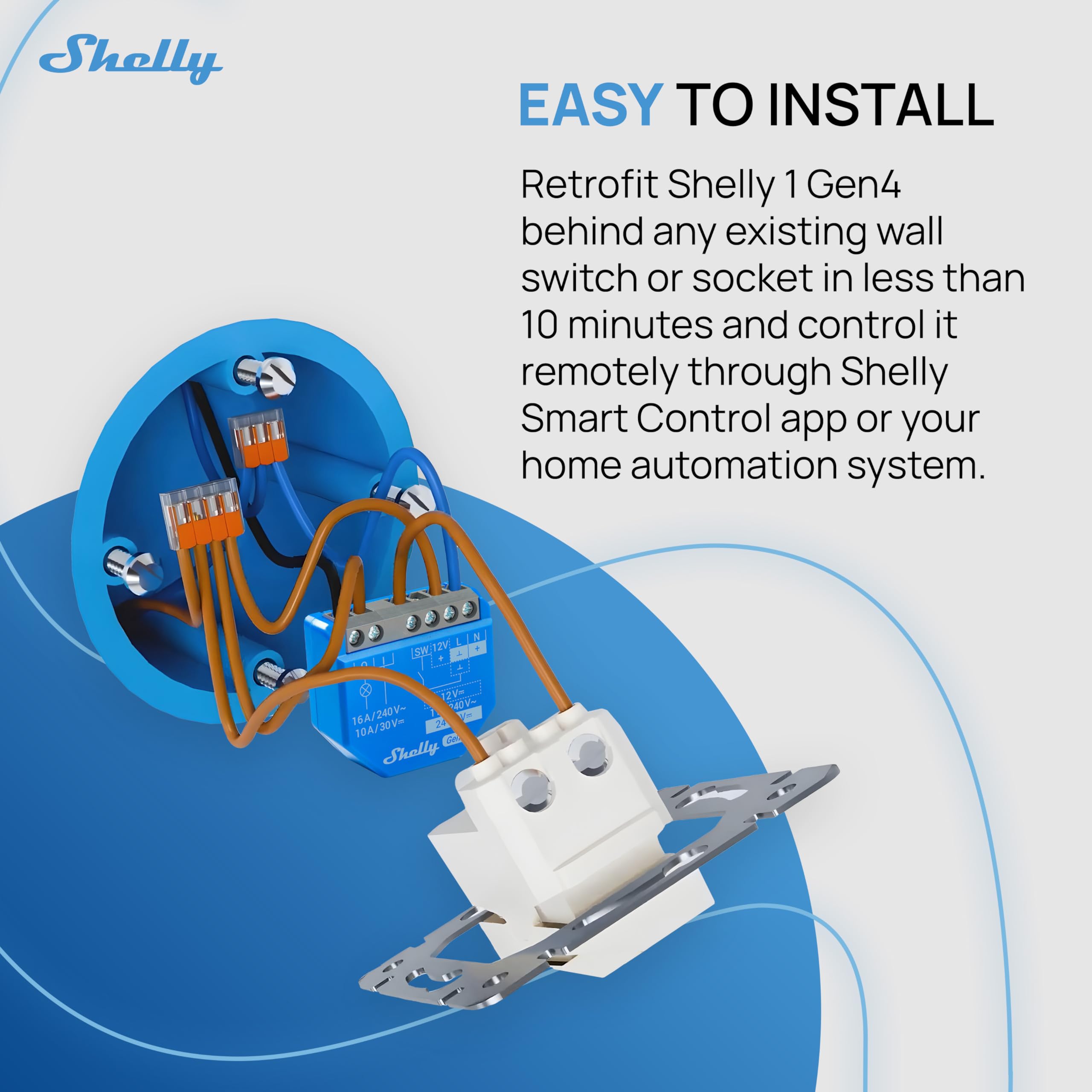 Shelly 1 Gen4 instalado con cables conectados demostrando integración real