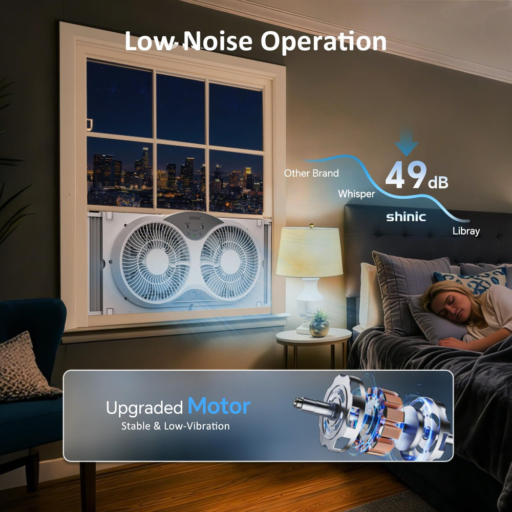shinic ventilador instalado en ventana expulsando aire caliente