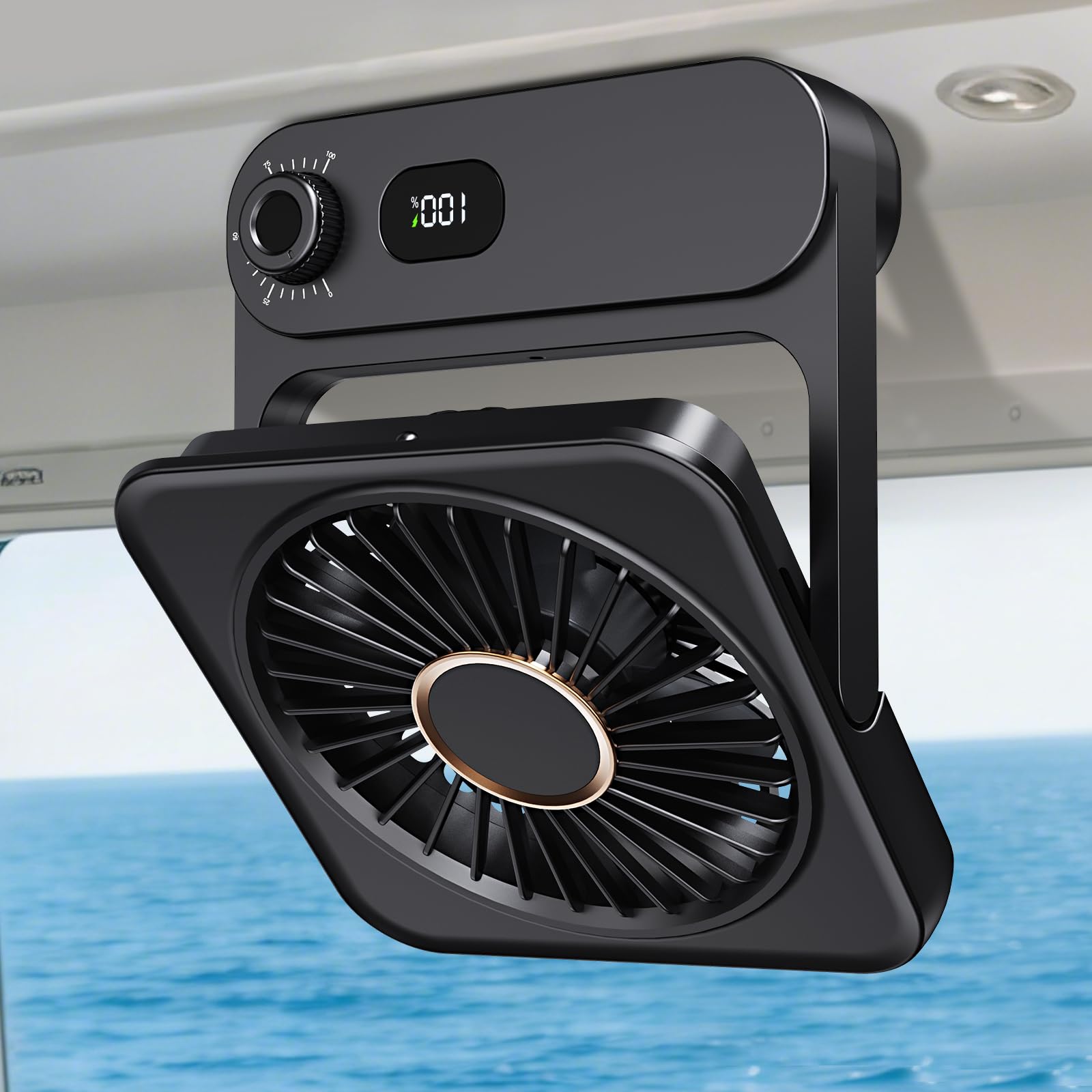 Shintrend vista frontal del ventilador portátil mostrando diseño compacto y fácil transporte