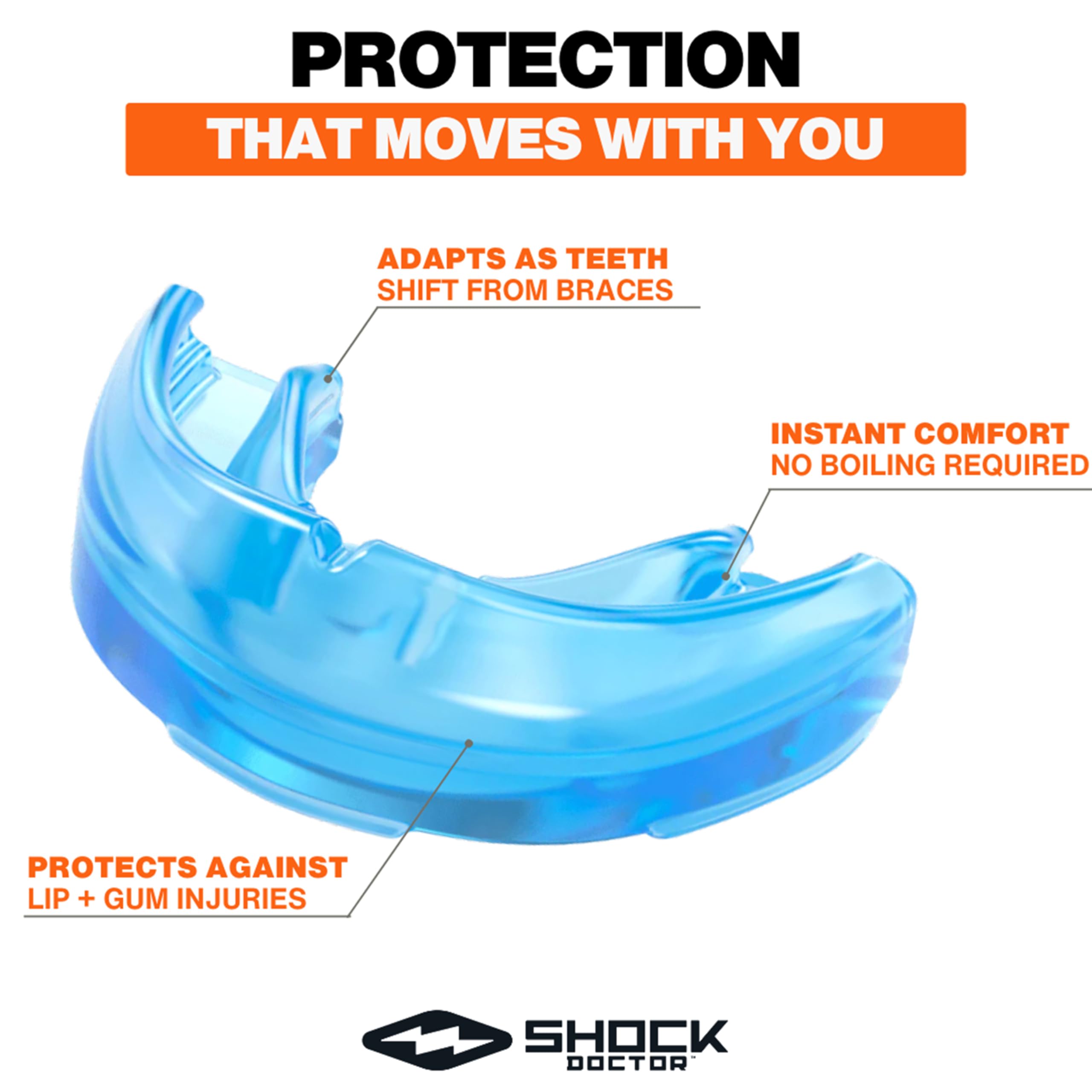 Shock Doctor protector en boca sobre brackets demostrando cobertura superior