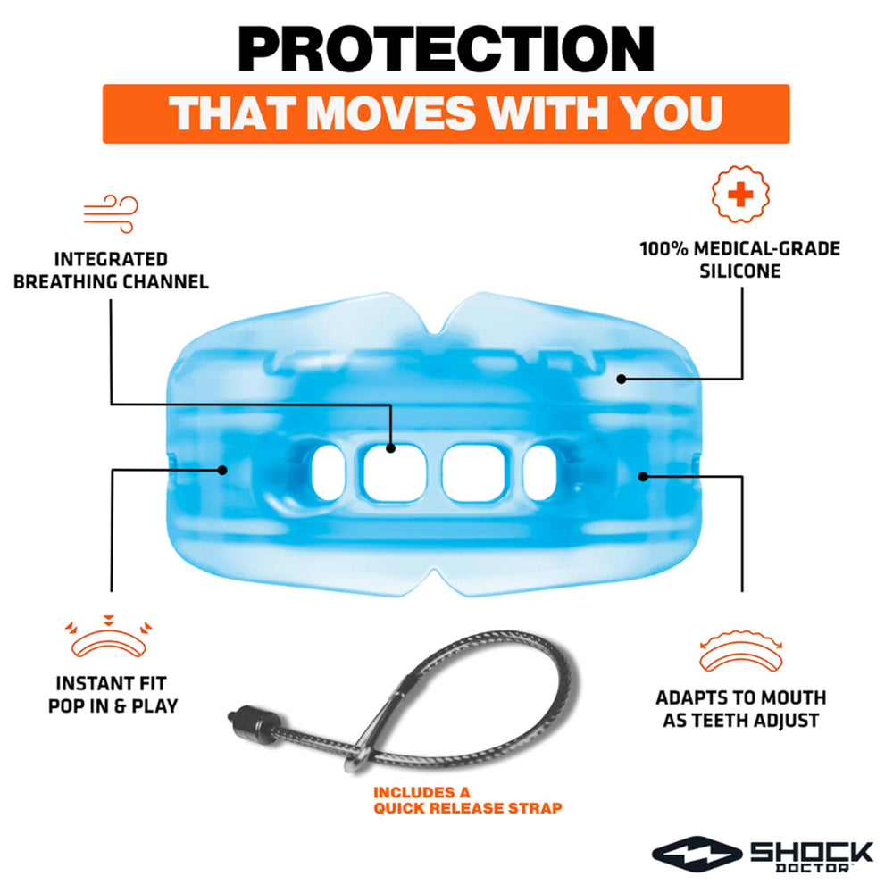 Shock Doctor protector colocado en modelo demostrando ajuste instantáneo
