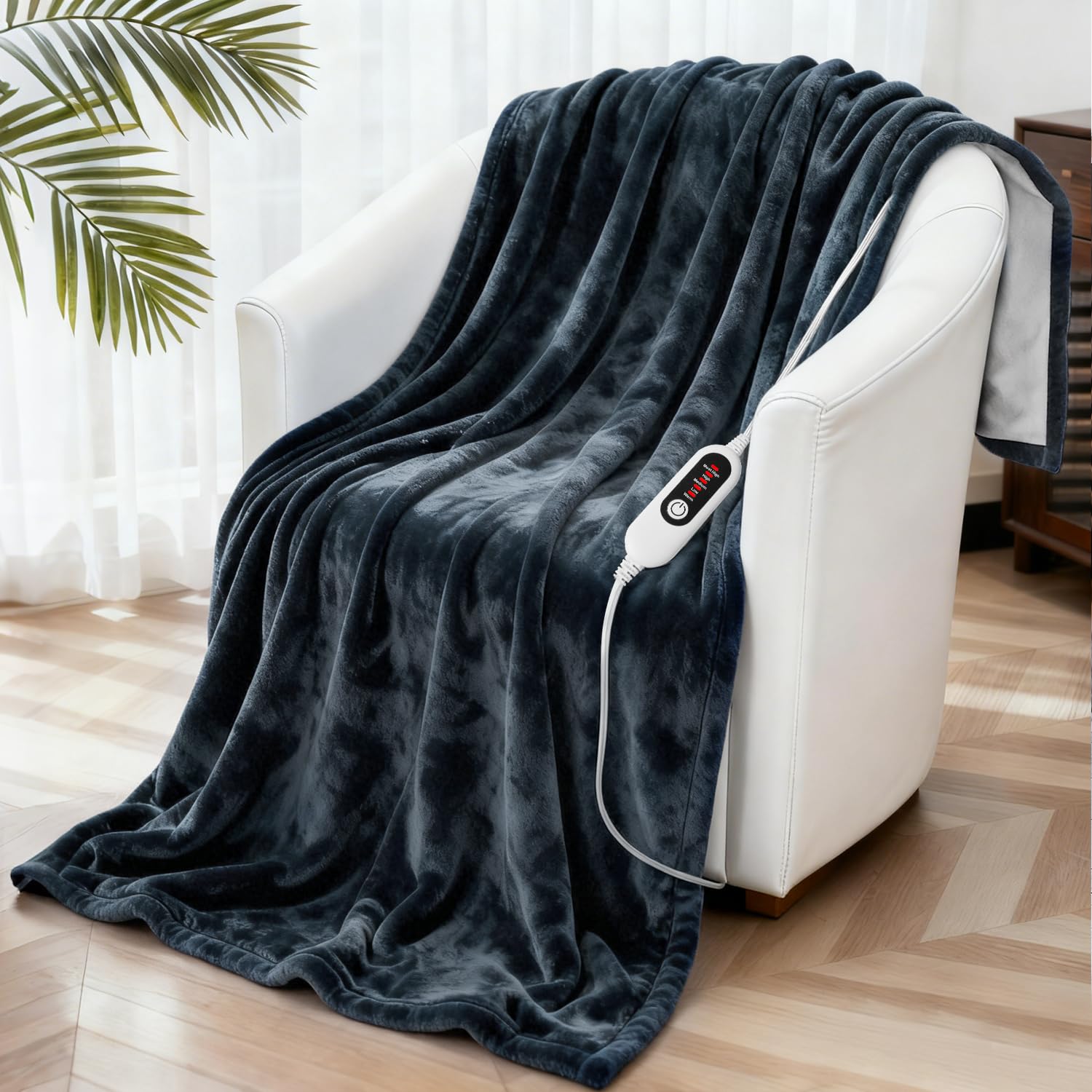 Shodu manta extendida en cama, calidez regulable para noches más cómodas