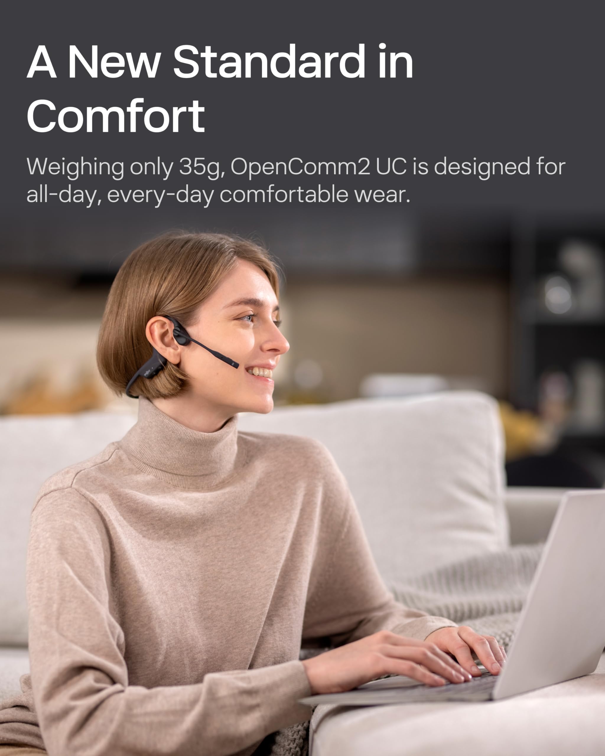 SHOKZ OpenComm2 vista lateral destacando curva y ajuste flexible