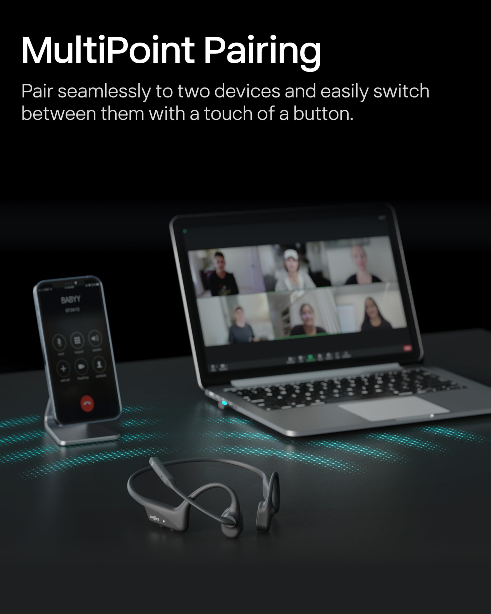 Puerto USB‑C de SHOKZ OpenComm2 con cable para carga rápida eficiente