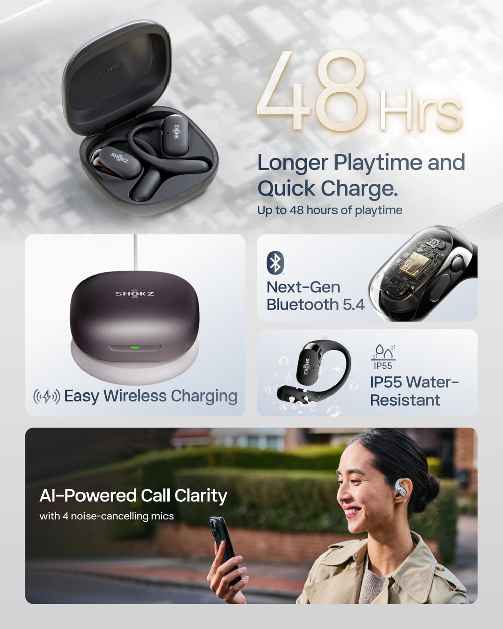 SHOKZ auricular en mano mostrando escala y ligereza para uso prolongado