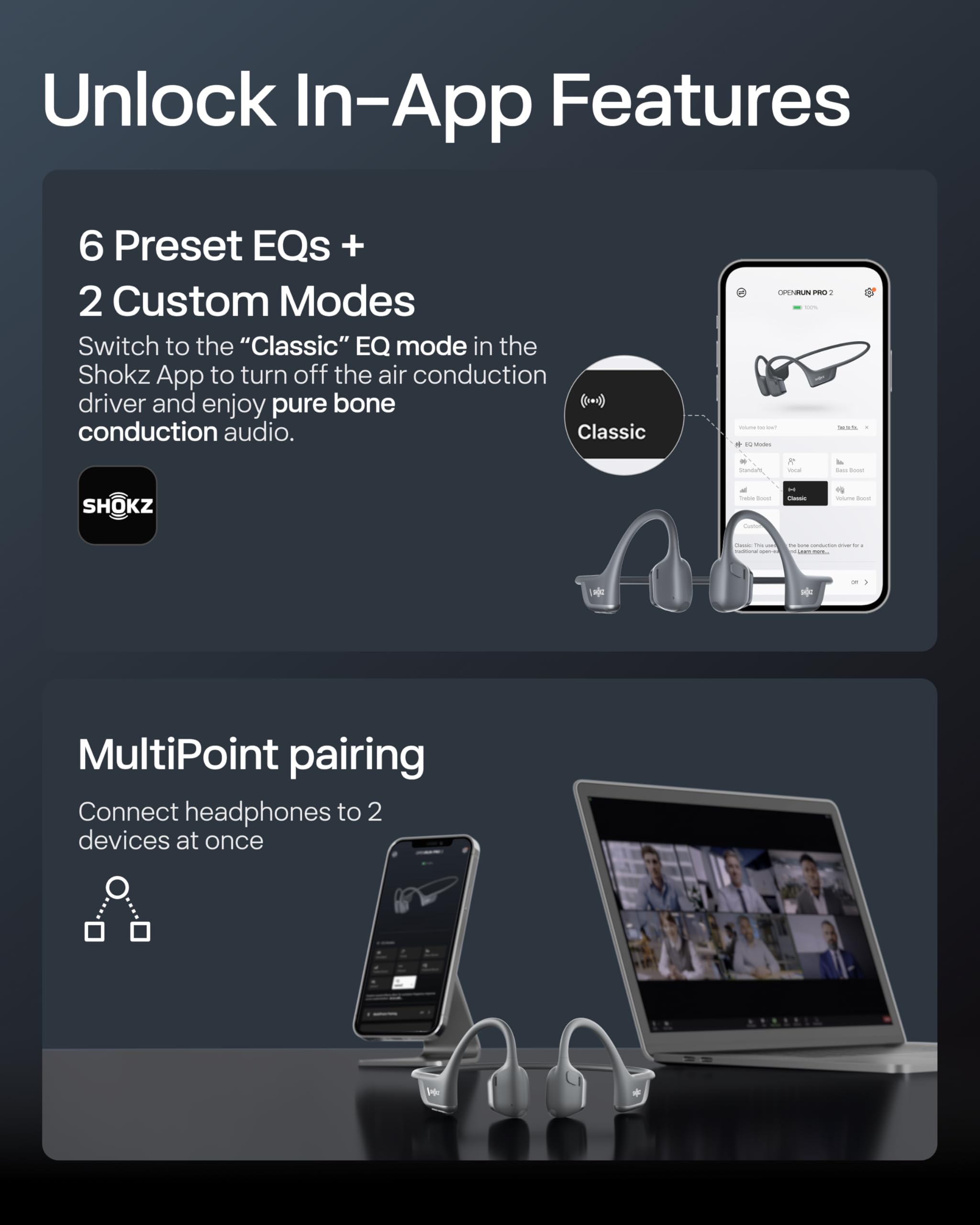 SHOKZ OpenRun Pro 2 pantalla de app EQ para personalizar audio