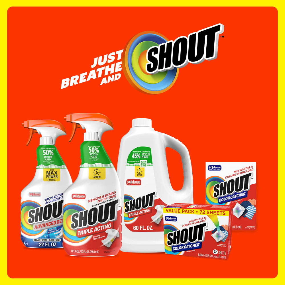 SHOUT sheet in a bright laundry room emphasizing time-saving convenience