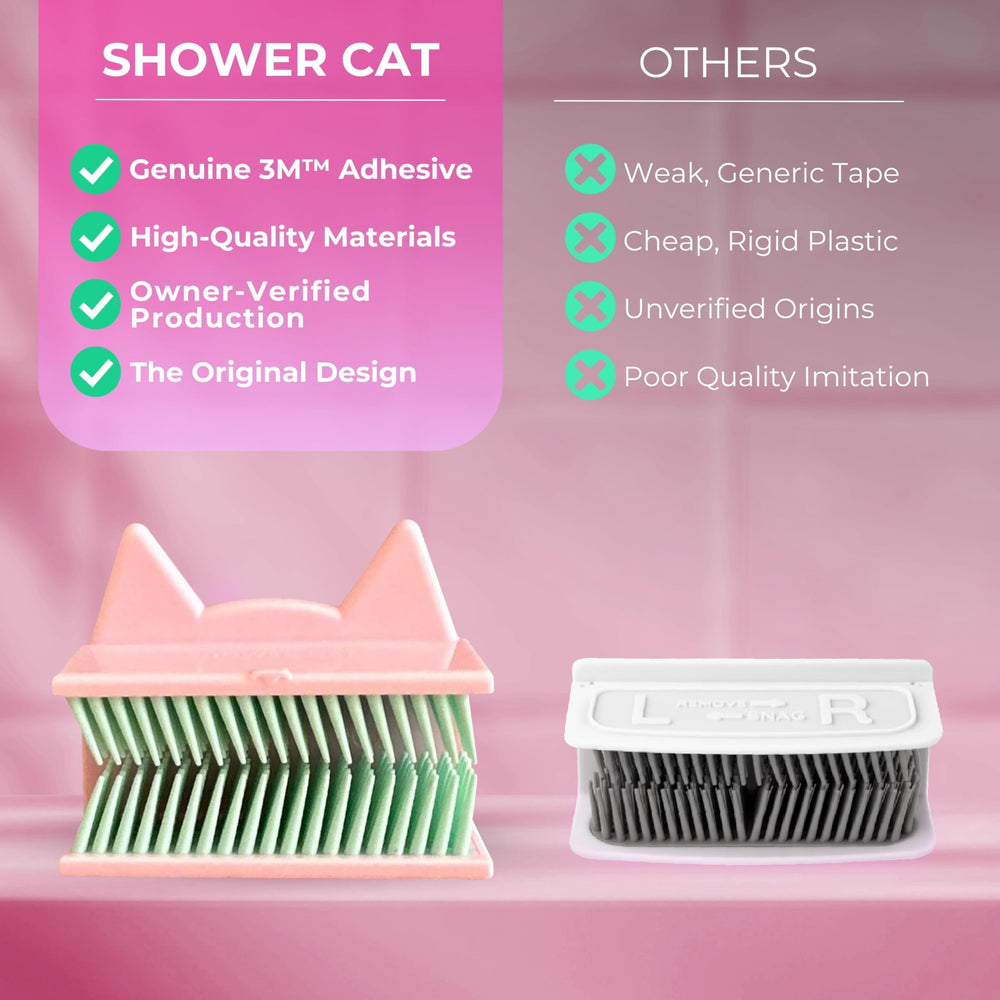 Shower Cat al lado de una mano para comparar tamaño y maniobrabilidad