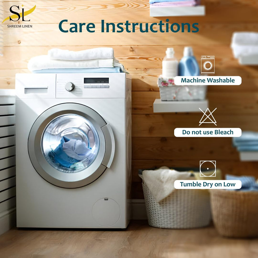 Shreem Linen etiqueta de cuidados con instrucciones de lavado y secado