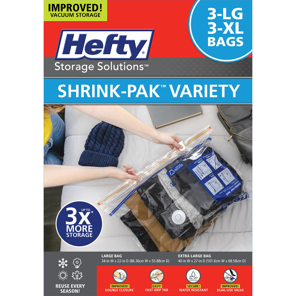 Shrink-Pak frente del empaque mostrando 3 Large y 3 XL para ahorro de espacio