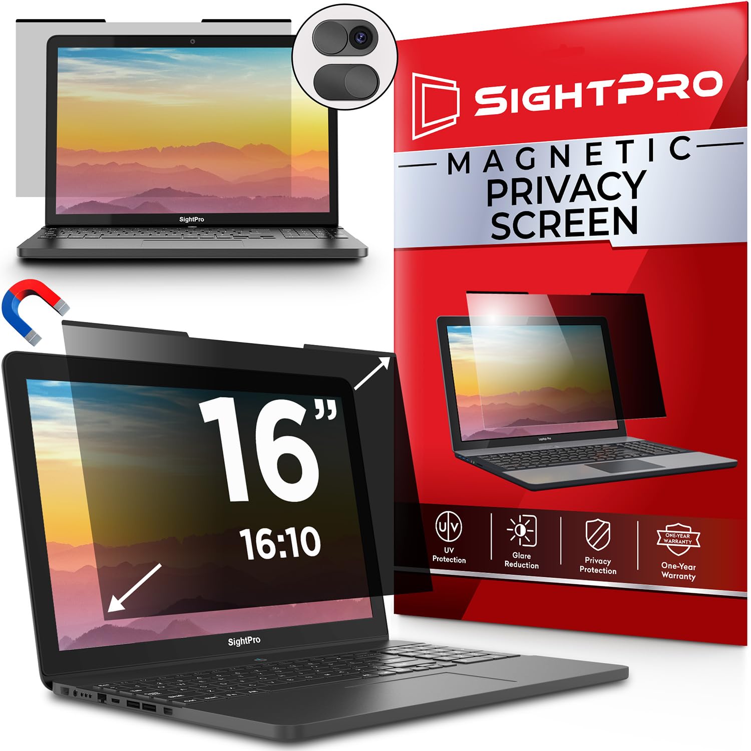 SightPro vista frontal del protector en portátil mostrando instalación rápida