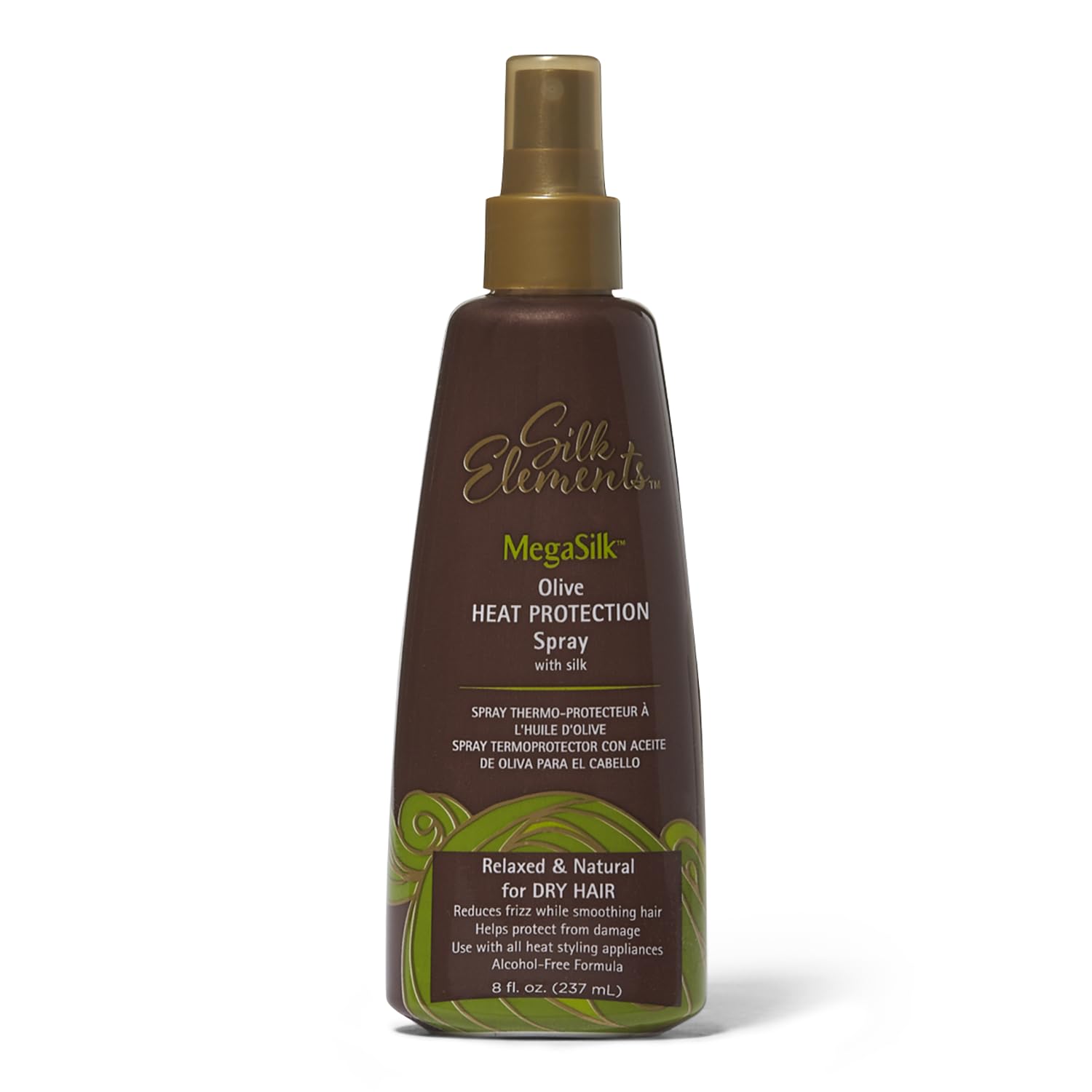 Silk Elements botella frontal 8oz mostrando etiqueta y beneficio anti-frizz