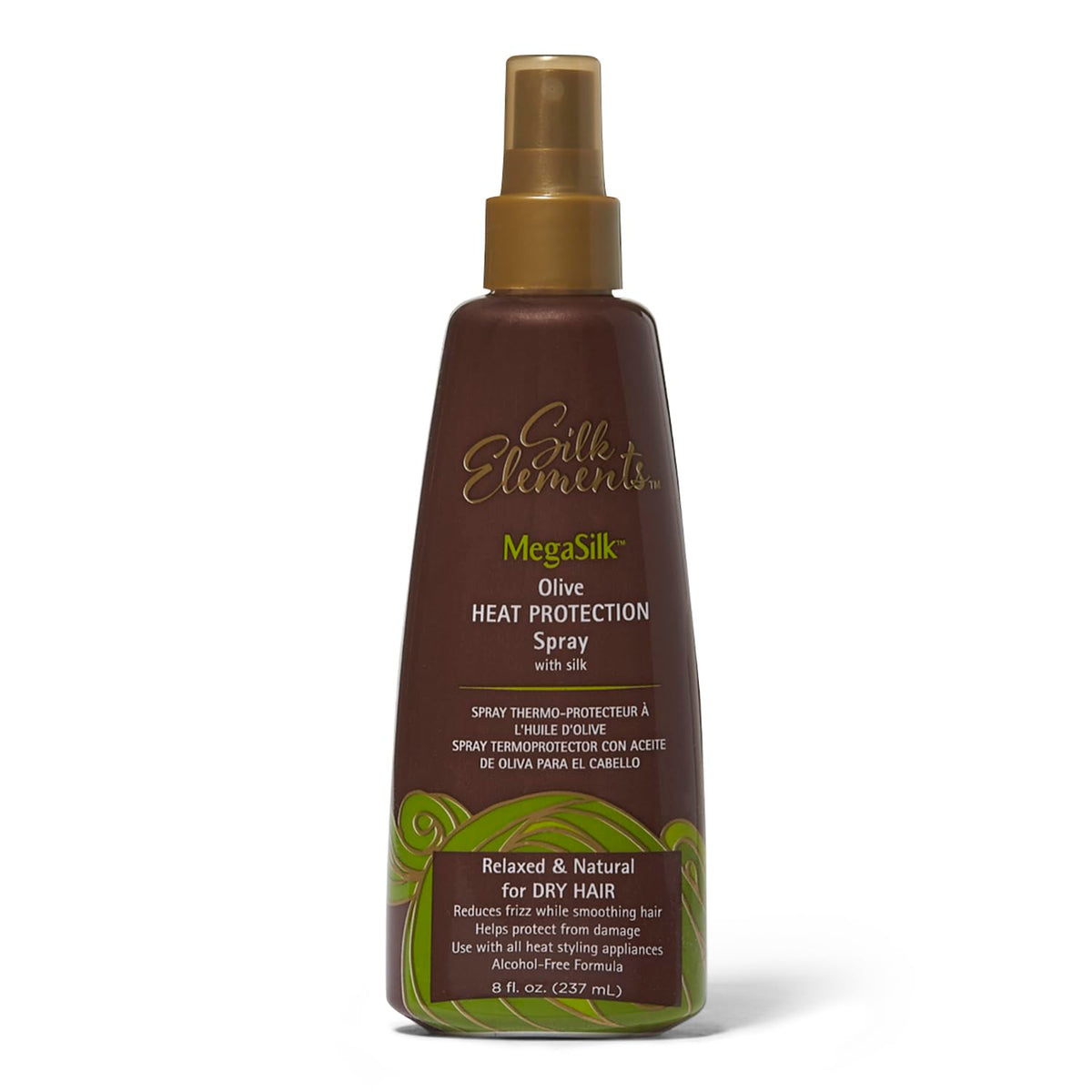 Silk Elements botella frontal 8oz mostrando etiqueta y beneficio anti-frizz