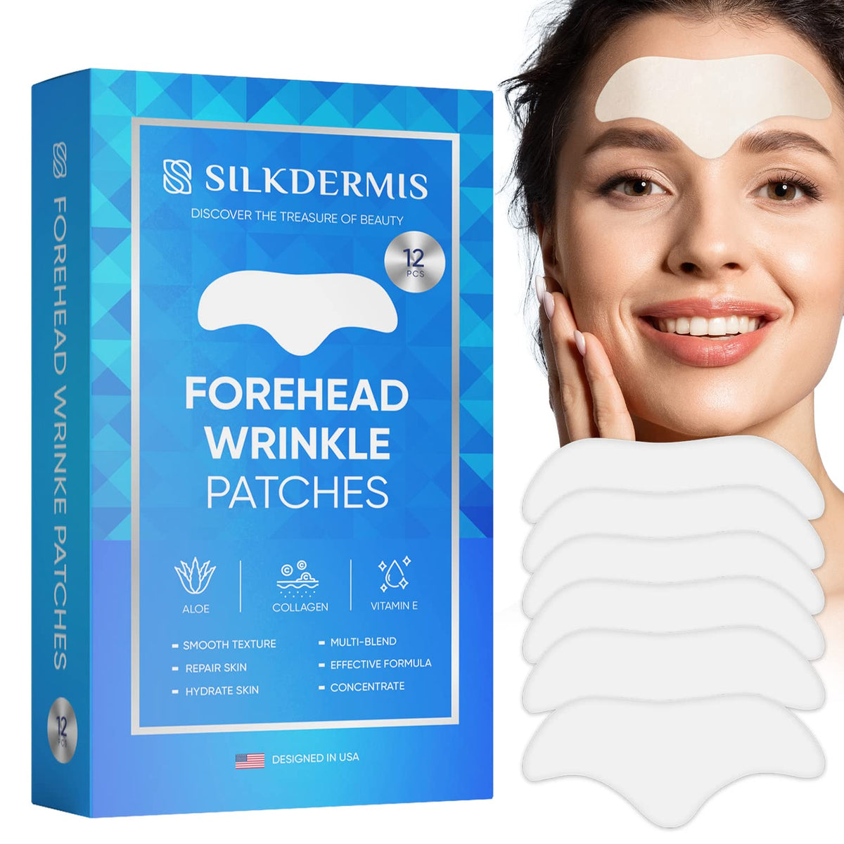 SILKDERMIS empaque frontal que muestra 12 parches y beneficios visibles