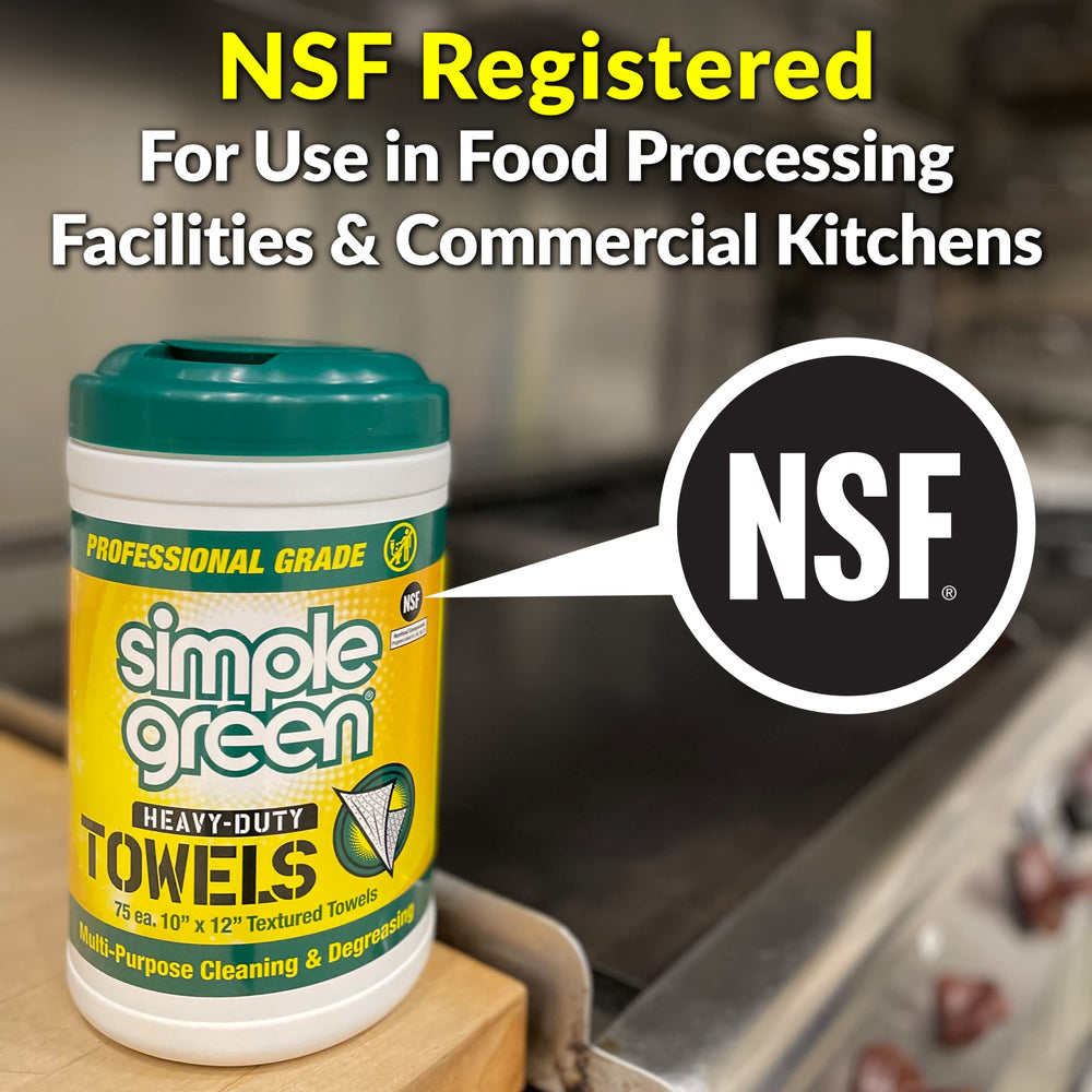 Simple Green etiqueta NSF visible que indica aptitud para cocinas comerciales