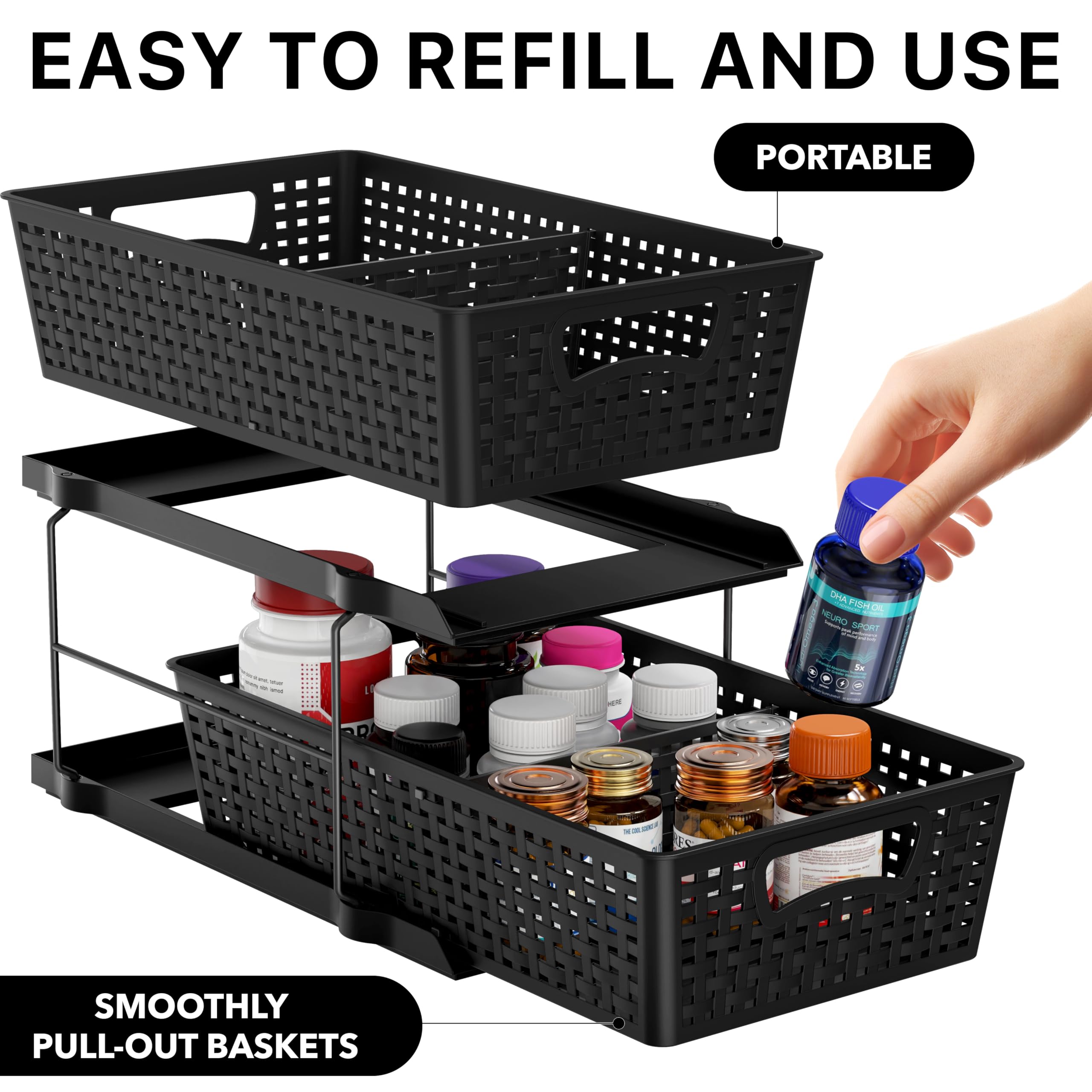Simple Houseware top-down view of open baskets for organized toiletries