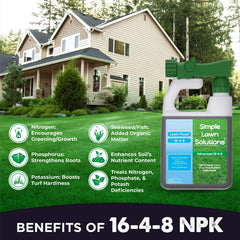 Simple Lawn Solutions detalle de la etiqueta con proporción N-P-K 16-4-8 y beneficios