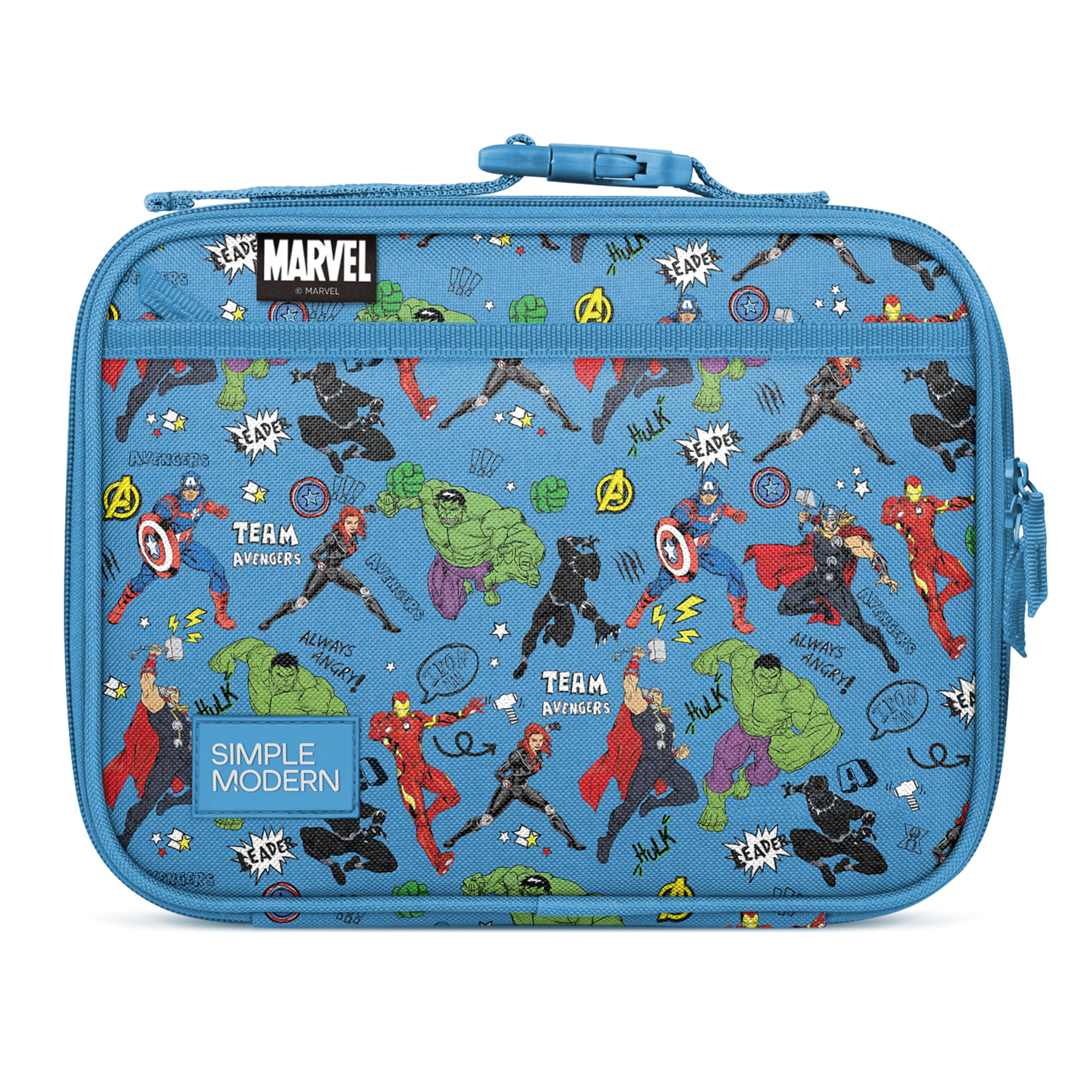 Simple Modern Hadley vista frontal con diseño Marvel Avengers y cierre fácil