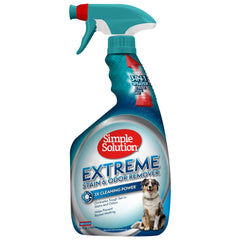 Simple Solution botella frente mostrando etiqueta y volumen, limpieza potente
