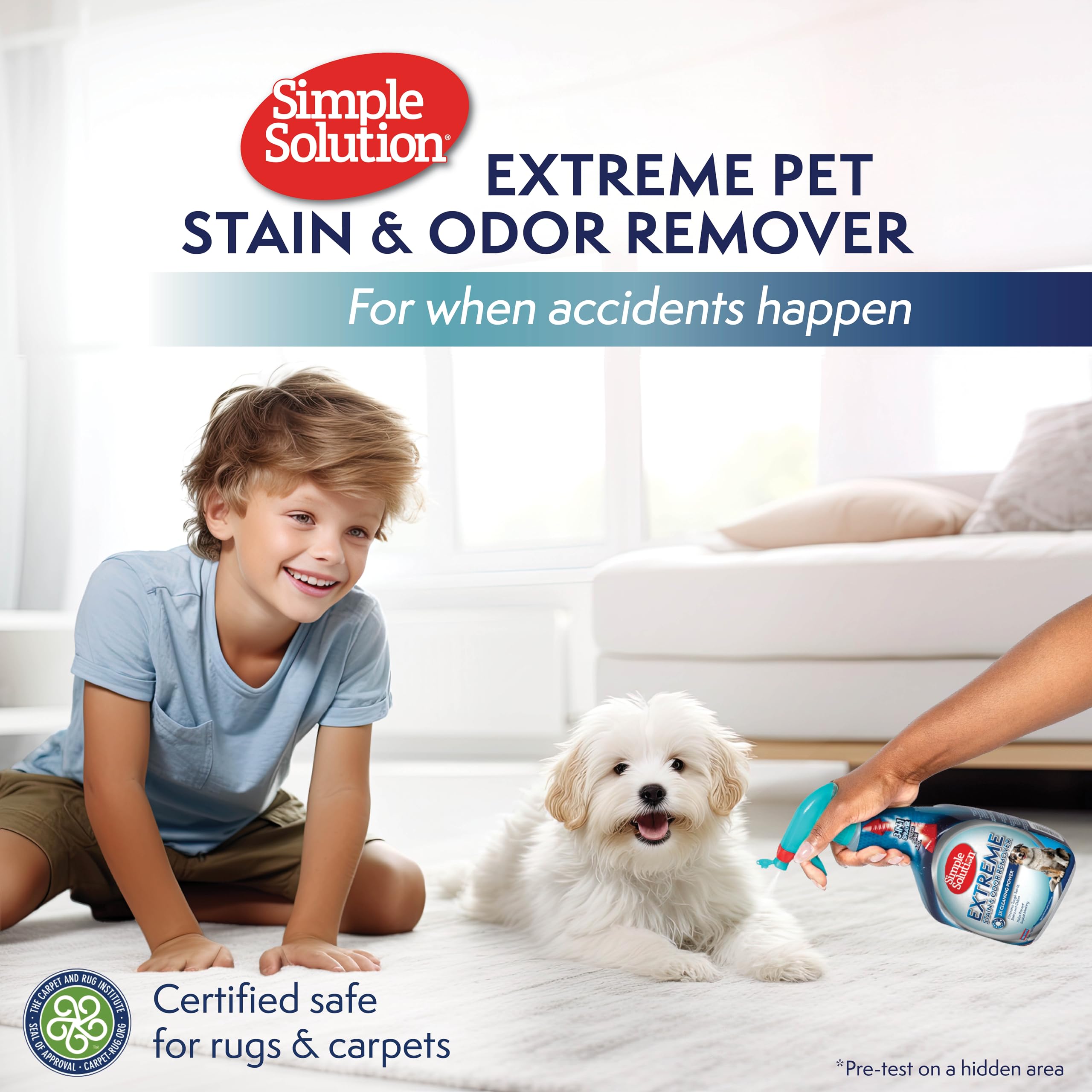 Simple Solution aplicado en alfombra eliminando una mancha de mascota eficazmente