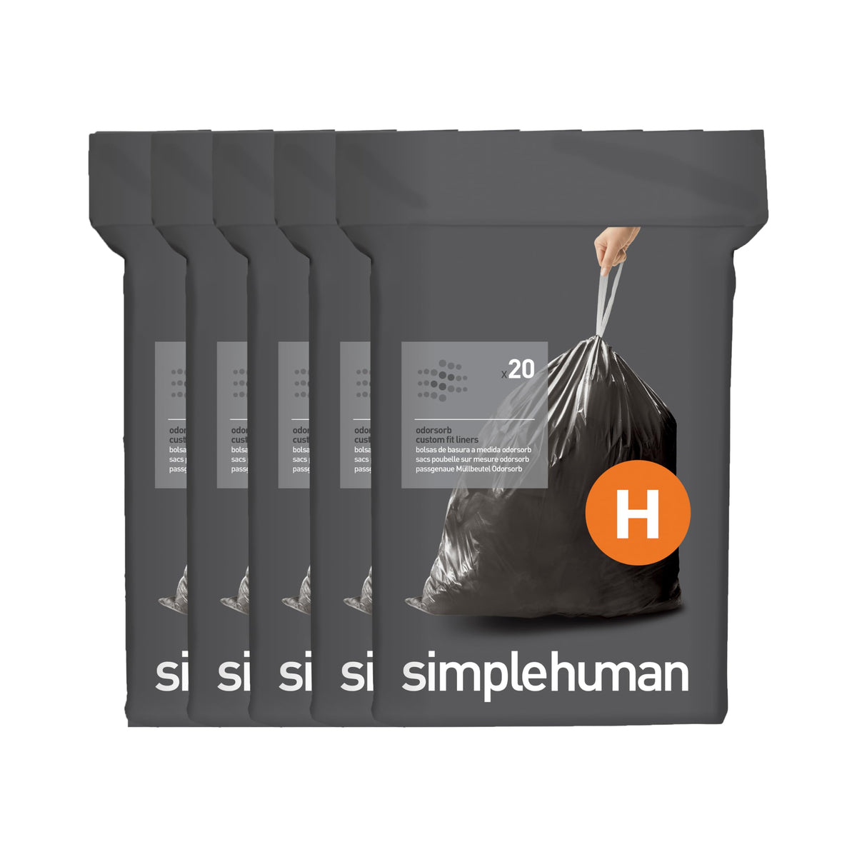 simplehuman frente del empaque mostrando el nombre y ventaja de control de olores