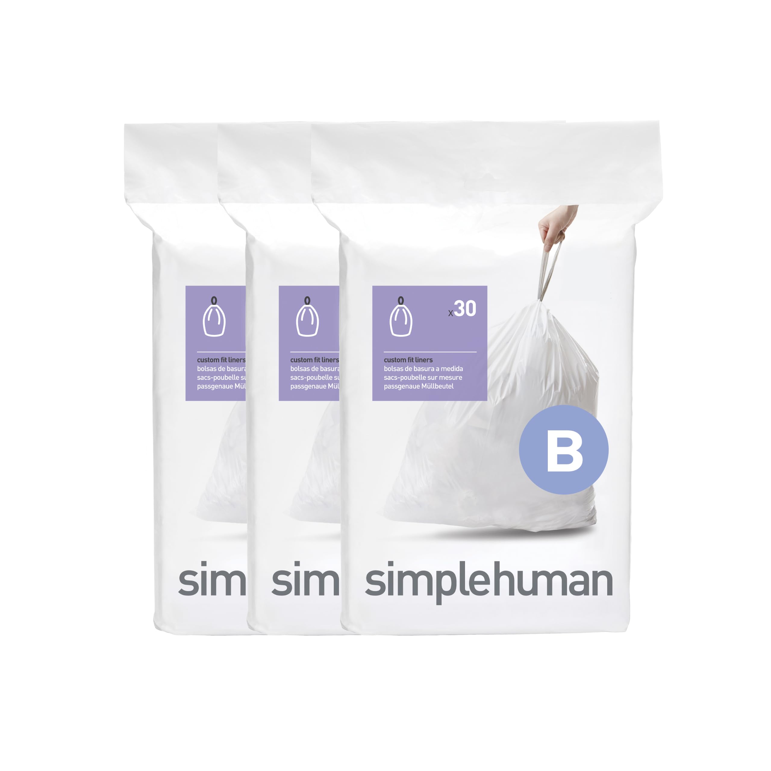 simplehuman paquete Code B mostrado de frente con dispensador visible y almacenamiento ordenado