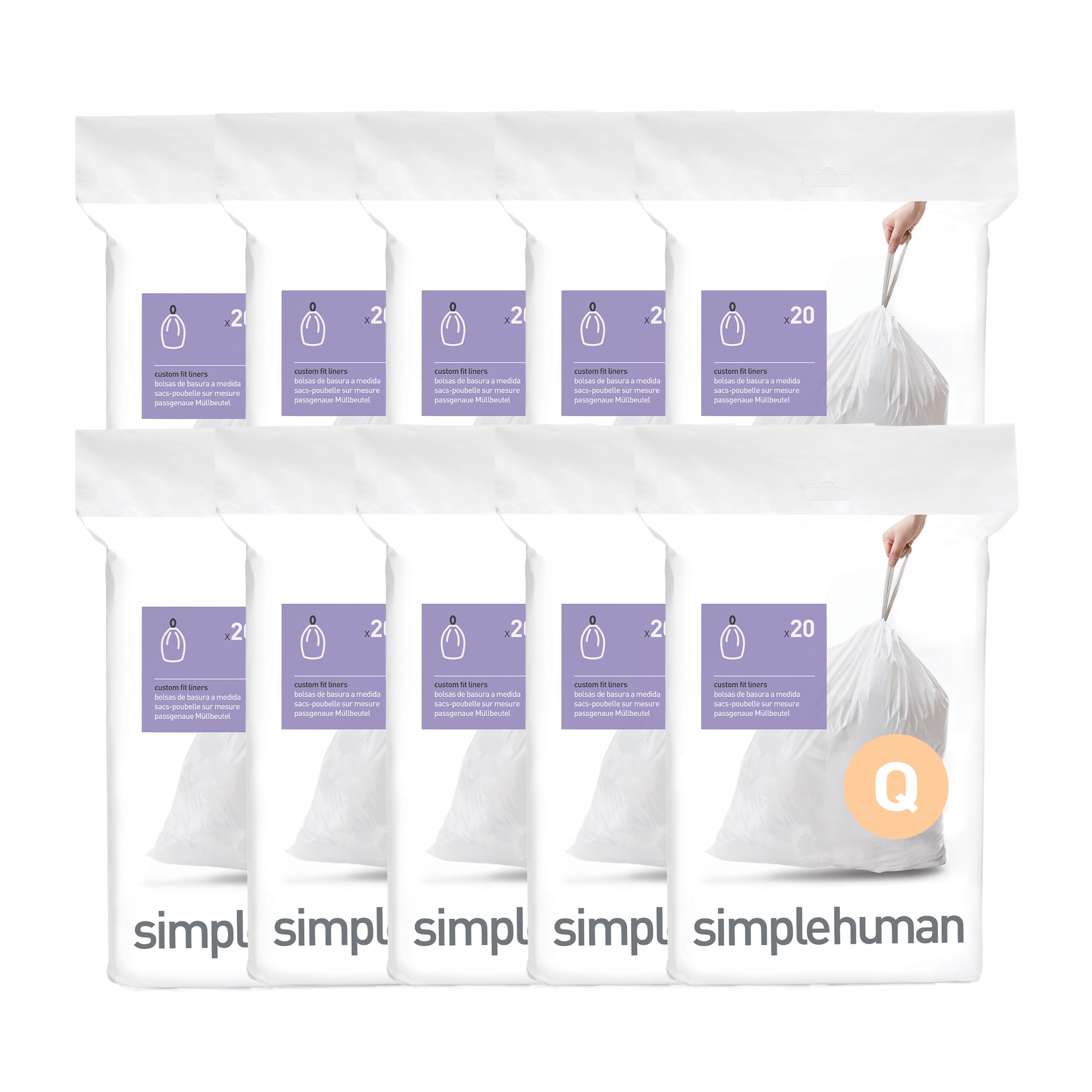 simplehuman paquete Code Q frente mostrando 200 bolsas, ahorro y orden