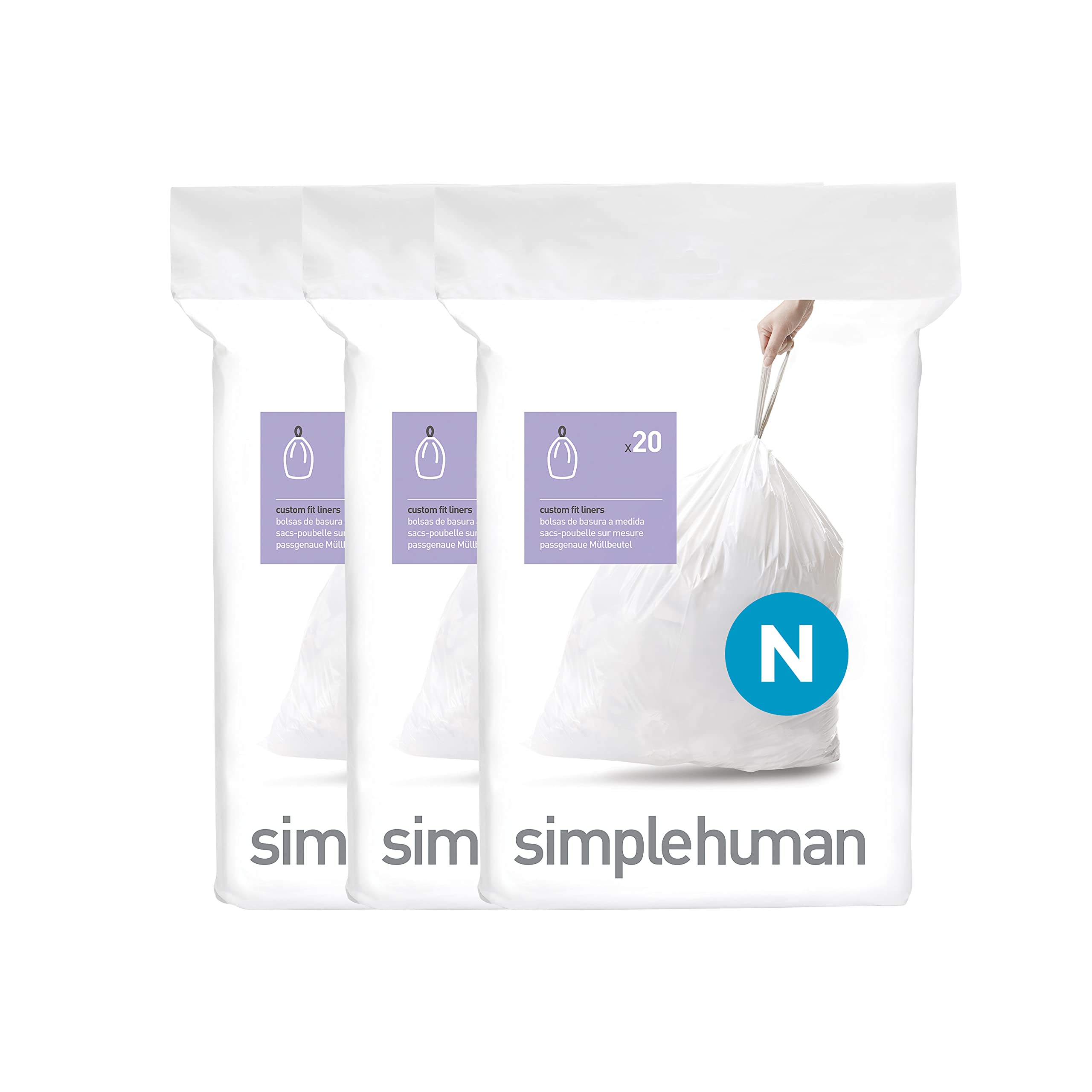 simplehuman paquete frontal mostrando 60 bolsas, comodidad y ajuste